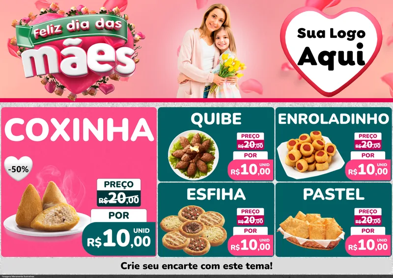 Modelo de Encarte para Encarte A4 Horizontal com o tema Feliz Dia das Mães para Salgadaria