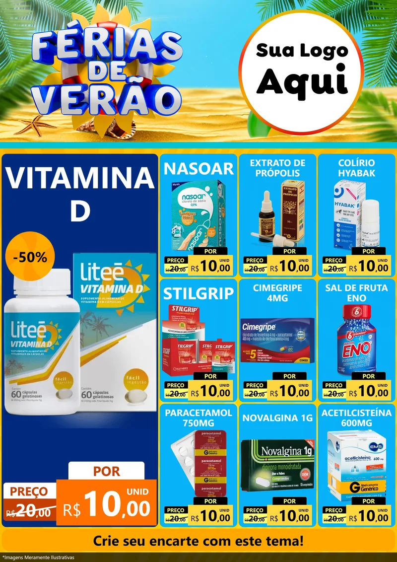 Modelo de Encarte para Encarte A4 Vertical com o tema Férias de Verão para Farmácia