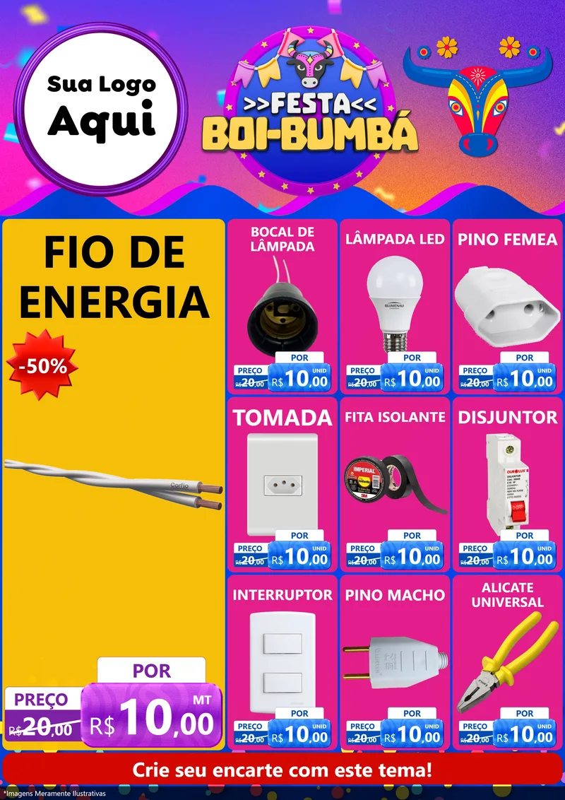 Modelo de Encarte para Encarte A4 Vertical com o tema Festa Boi-Bumbá para Materiais Elétricos