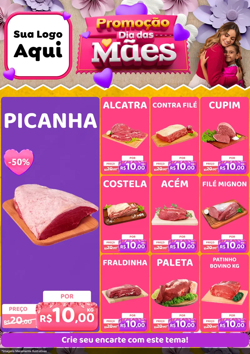 Modelo de Encarte para Encarte A4 Vertical com o tema Promoção Dia das Mães para Açougue