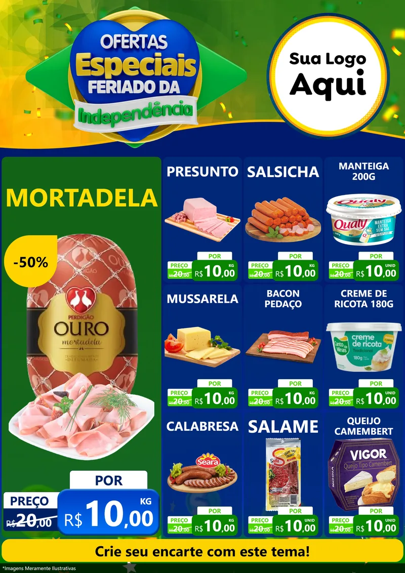 Modelo de Encarte para Encarte A4 Vertical com o tema Ofertas Especiais Feriado da Independência para Frios e Laticínios
