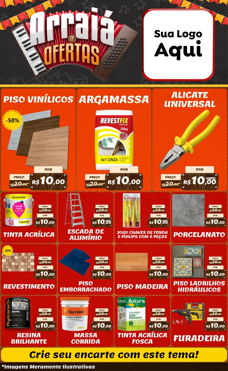 Modelo de Encarte para Encarte Grande com o tema Arraiá de Ofertas - Junina para Material para Construção