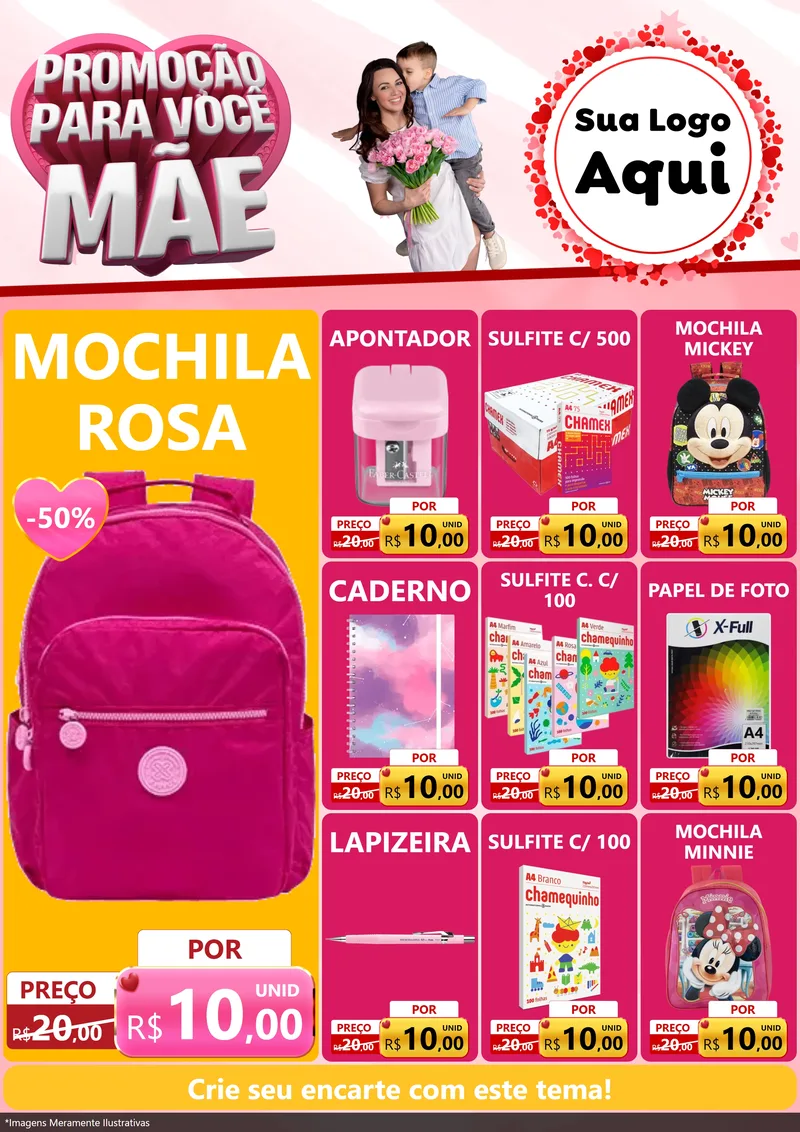 Modelo de Encarte para Encarte A4 Vertical com o tema Promoção Para Você Mãe para Papelaria