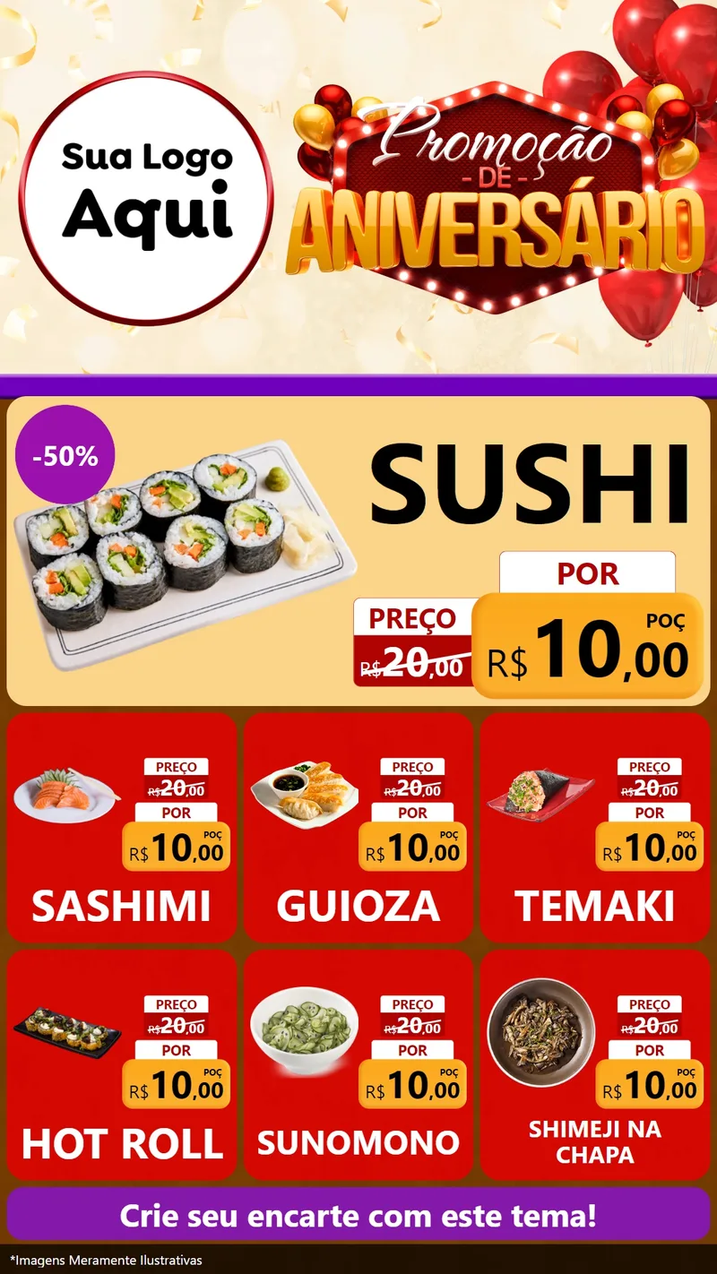Modelo de Rede Social para Stories com o tema Promoção de Aniversário para Comida japonesa