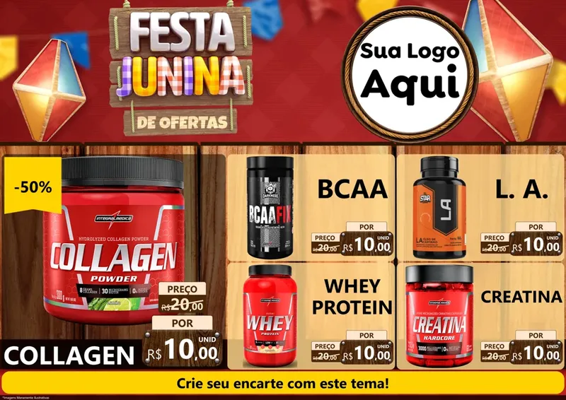 Modelo de Encarte para Encarte A4 Horizontal com o tema Festa Junina de Ofertas para Suplementos alimentares
