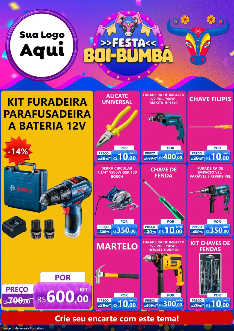 Modelo de Encarte para Encarte A4 Vertical com o tema Festa Boi-Bumbá para Maquinas e Ferramentas
