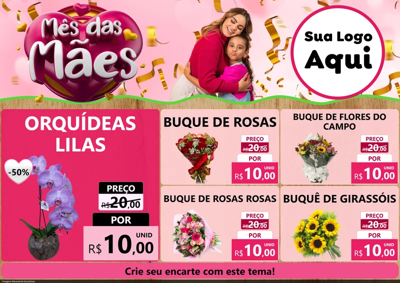 Modelo de Encarte para Encarte A4 Horizontal com o tema Mês das Mães para Floricultura e jardim