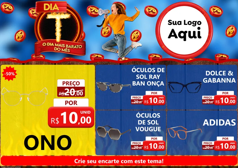 Modelo de Encarte para Encarte A4 Horizontal com o tema Dia T - O Dia Mais Barato Do Mês para Óticas