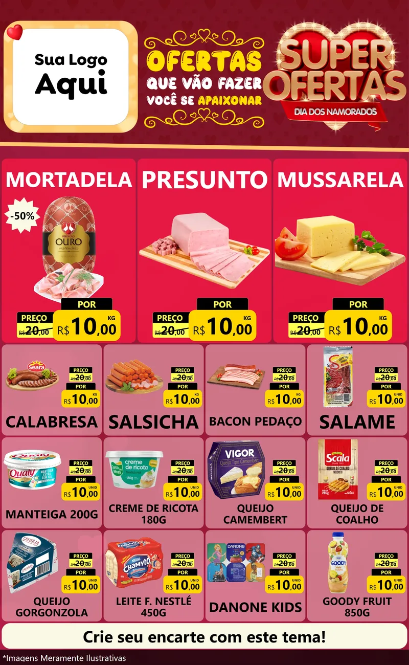 Modelo de Encarte para Encarte Grande com o tema Dia dos Namorados para Frios e Laticínios