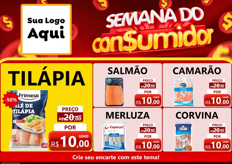 Modelo de Encarte para Encarte A4 Horizontal com o tema Semana do Consumidor para Peixaria