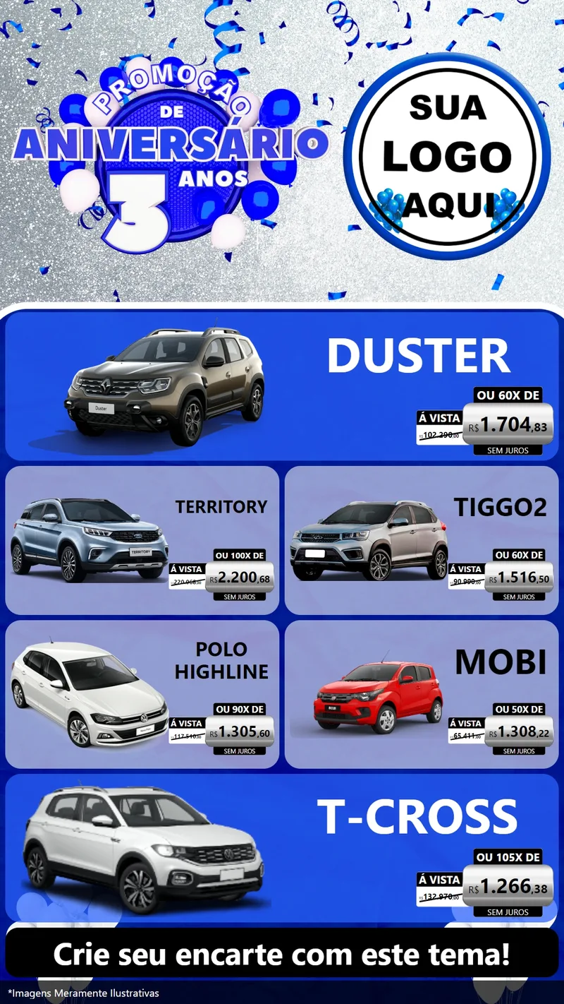 Modelo de TV para TV Vertical com o tema Promoção de Aniversário - 3 Anos para Concessionaria de Carros
