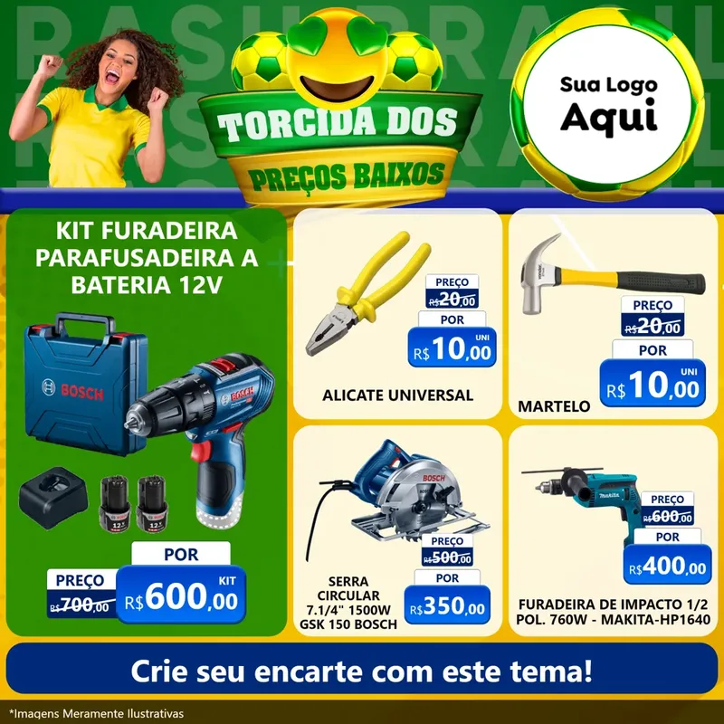 Modelo de Rede Social para Feed Facebook com o tema Torcida dos Preços Baixos - Copa para Maquinas e Ferramentas