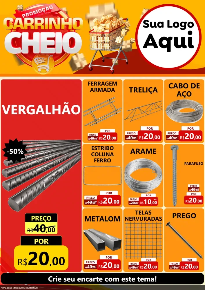 Modelo de Encarte para Encarte A4 Vertical com o tema Promoção carrinho cheio para Ferragens