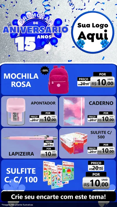 Modelo de TV para TV Vertical com o tema Promoção de Aniversário - 15 Anos para Papelaria