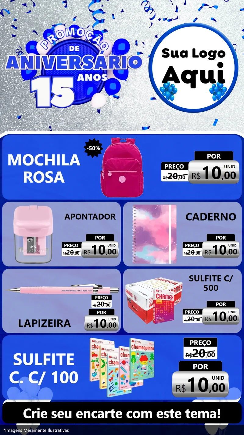 Modelo de TV para TV Vertical com o tema Promoção de Aniversário - 15 Anos para Papelaria