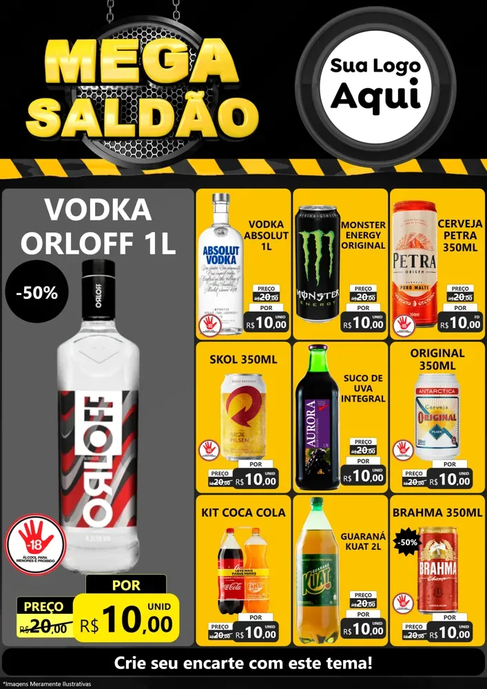 Modelo de Encarte para Encarte A4 Vertical com o tema Mega Saldão para Distribuidora de bebidas