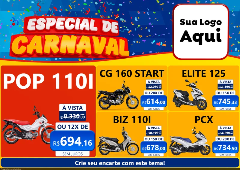 Modelo de Encarte para Encarte A4 Horizontal com o tema Especial de Carnaval para Concessionaria de Motos
