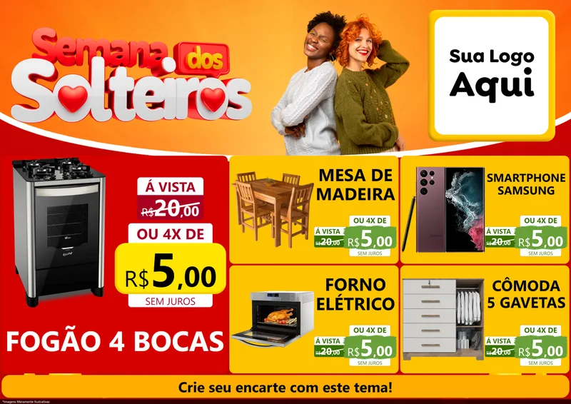 Modelo de Encarte para Encarte A4 Horizontal com o tema Semana dos Solteiros para Móveis e Eletro