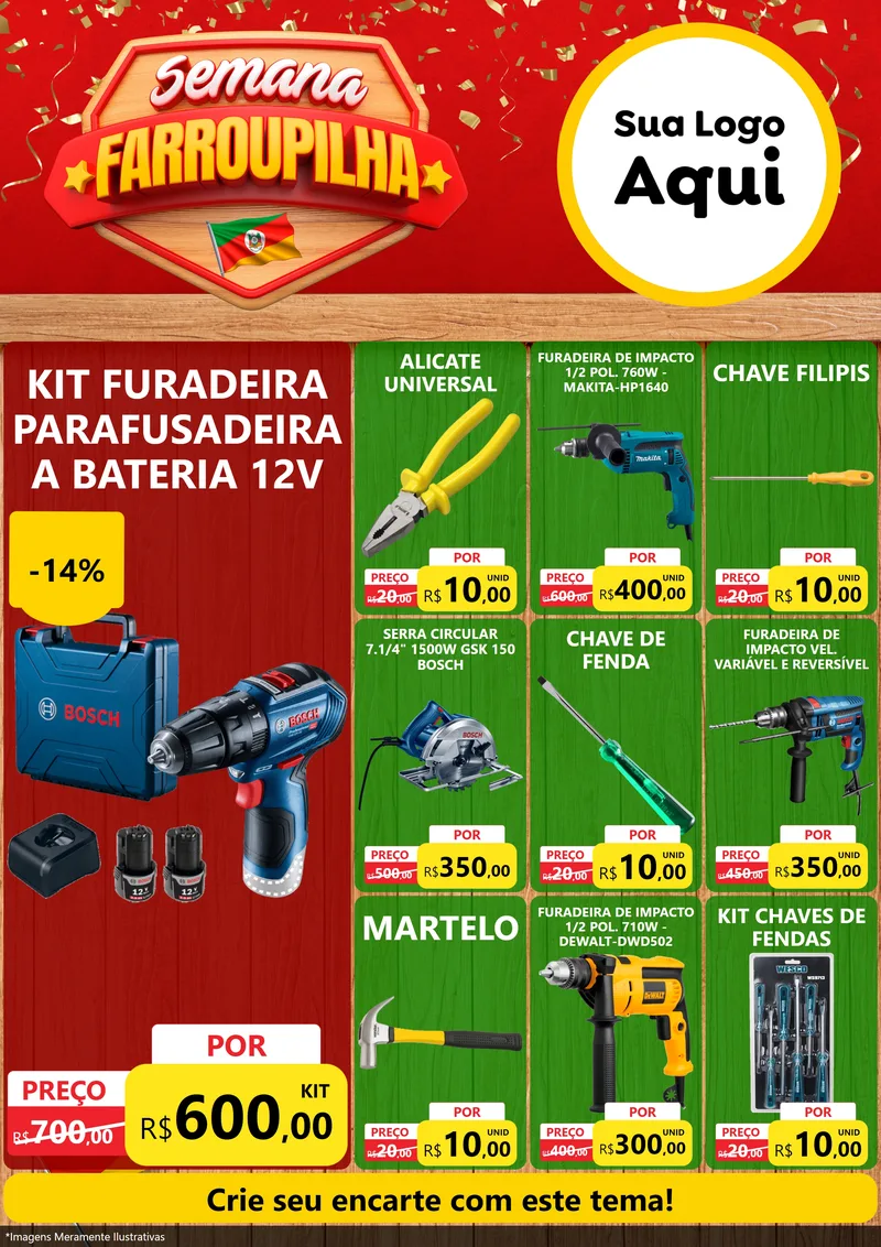 Modelo de Encarte para Encarte A4 Vertical com o tema Semana Farroupilha para Maquinas e Ferramentas