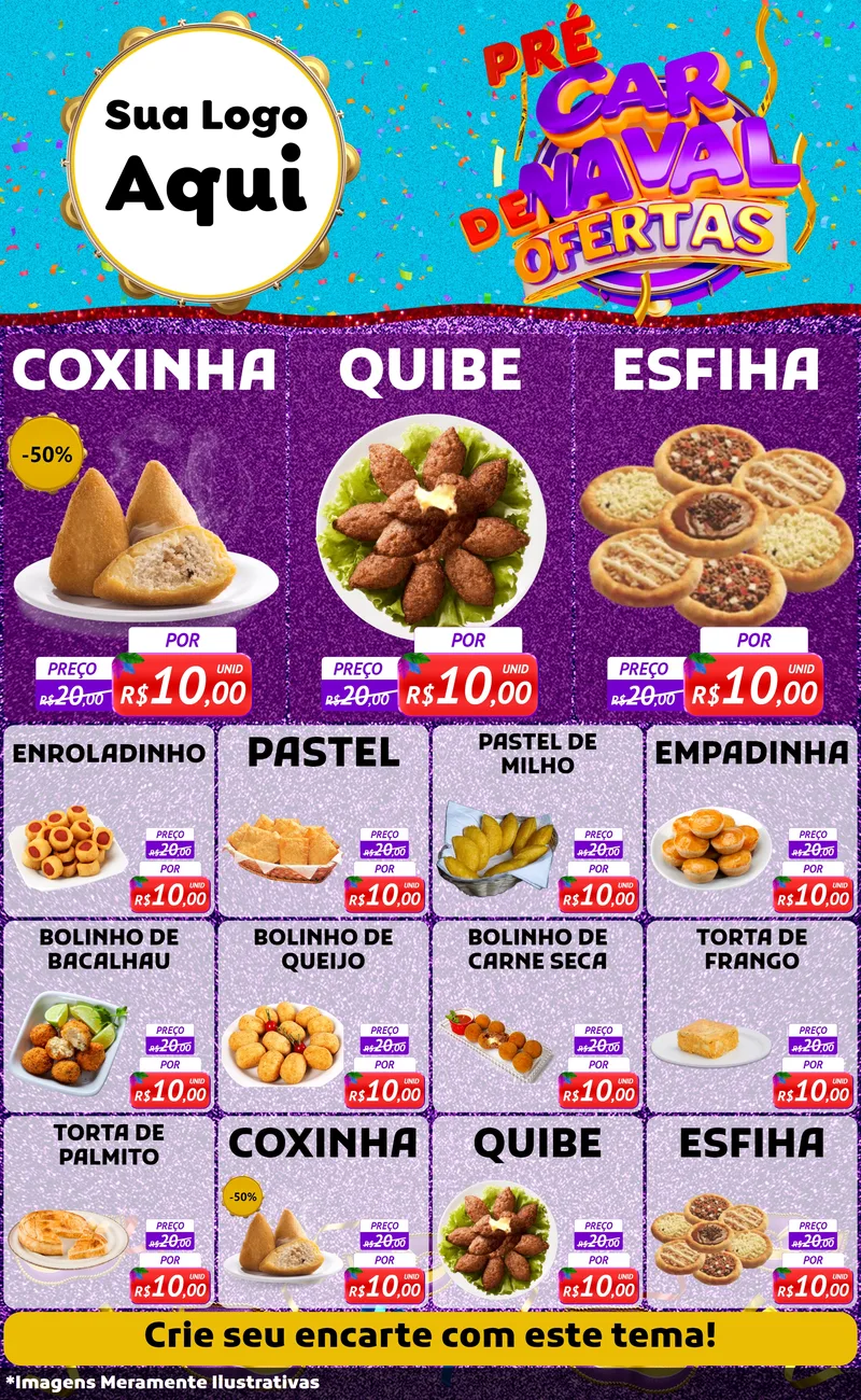 Modelo de Encarte para Encarte Grande com o tema Pré Carnaval de Ofertas para Salgadaria
