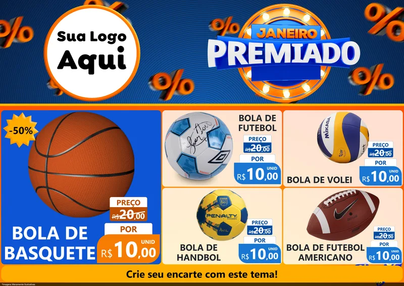 Modelo de Encarte para Encarte A4 Horizontal com o tema Janeiro Premiado para Artigos Esportivos