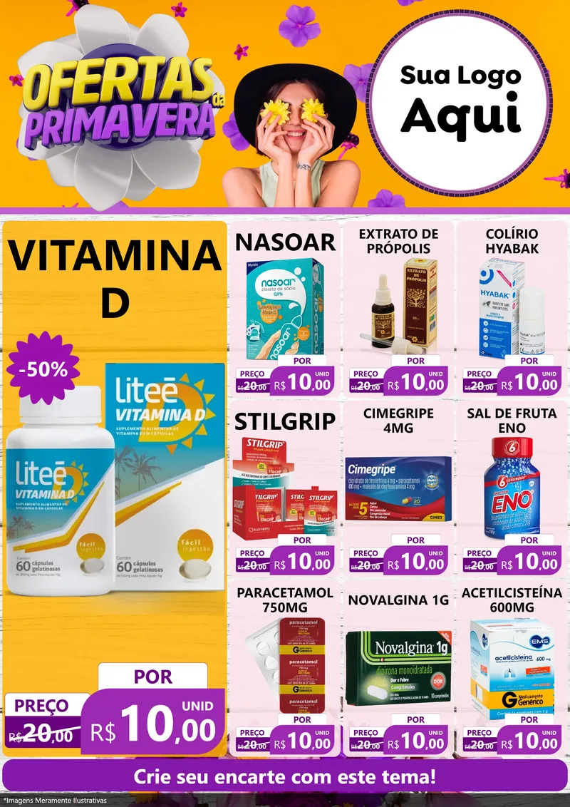 Modelo de Encarte para Encarte A4 Vertical com o tema Ofertas Da Primavera para Farmácia