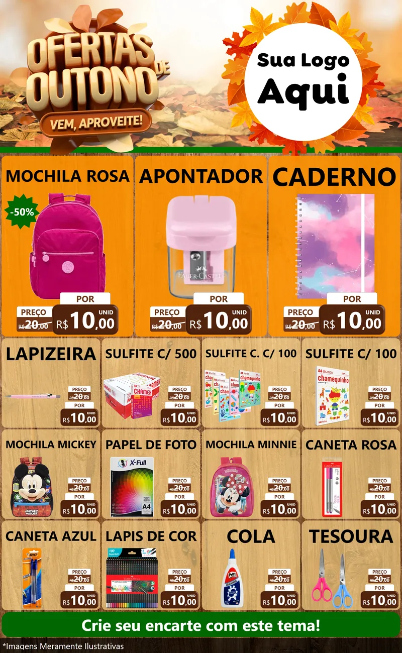 Modelo de Encarte para Encarte Grande com o tema Ofertas de Outono - Vem, Aproveite! para Papelaria
