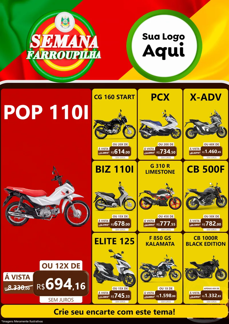 Modelo de Encarte para Encarte A4 Vertical com o tema Semana Farroupilha para Concessionaria de Motos