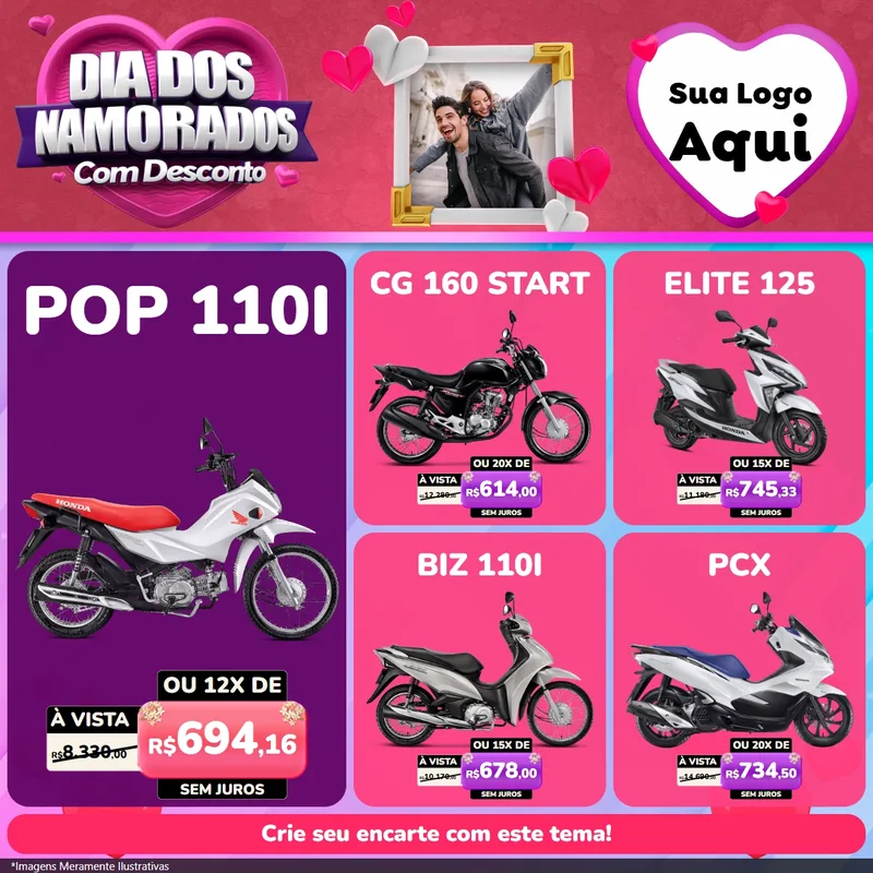 Modelo de Rede Social para Feed Facebook com o tema Dia Dos Namorados Com Desconto para Concessionaria de Motos