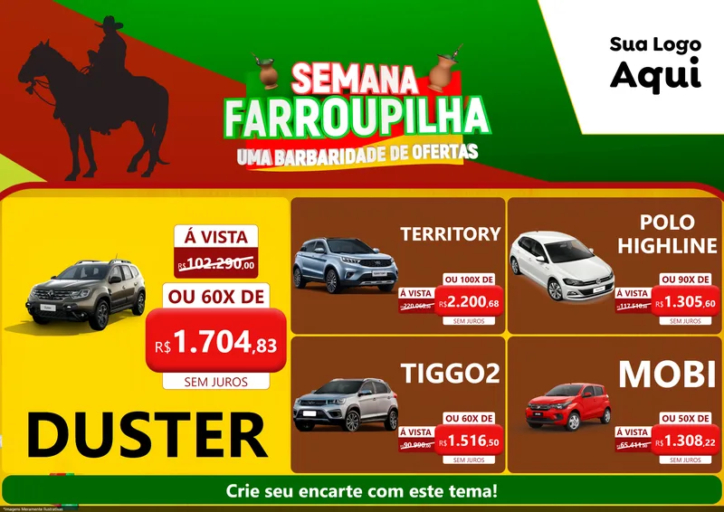 Modelo de Encarte para Encarte A4 Horizontal com o tema Semana Farroupilha - Uma Barbaridade de Ofertas para Concessionaria de Carros