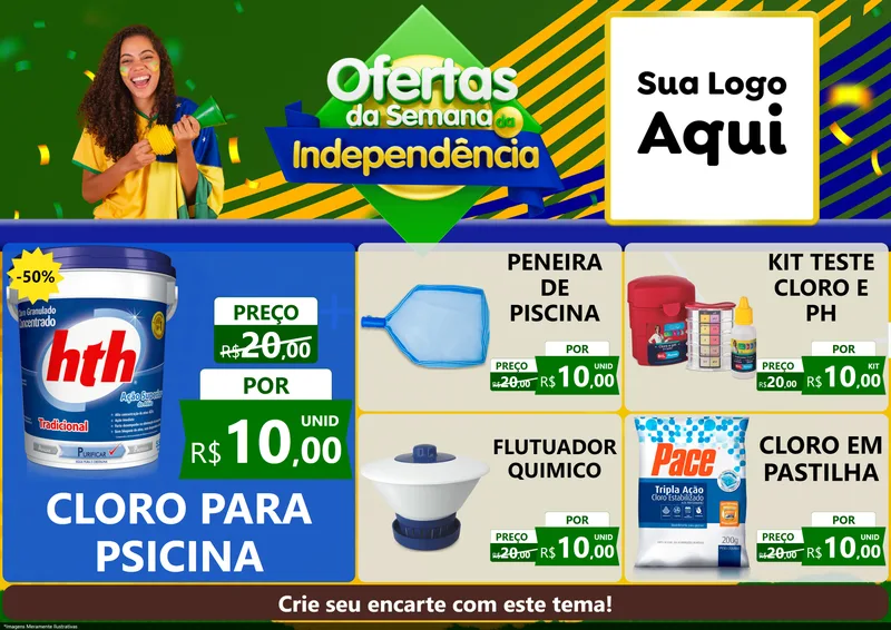 Modelo de Encarte para Encarte A4 Horizontal com o tema Ofertas da Semana da Independência para Produtos para Piscina