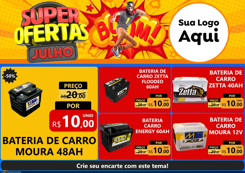 Modelo de Encarte para Encarte A4 Horizontal com o tema Super Ofertas Julho para Baterias Elétricas