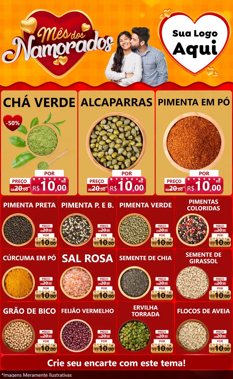 Modelo de Encarte para Encarte Grande com o tema Mês dos Namorados para Produtos Naturais