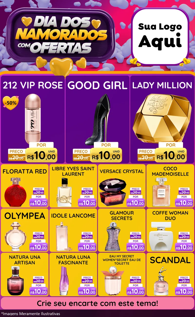 Modelo de Encarte para Encarte Grande com o tema Dia Dos Namorados Com Ofertas para Perfumes
