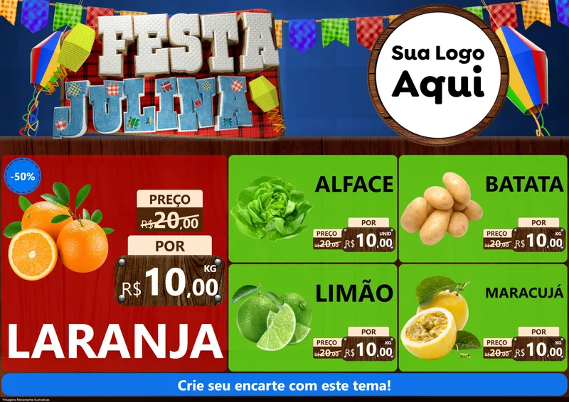 Modelo de Encarte para Encarte A4 Horizontal com o tema Festa Julina para Hortifrúti