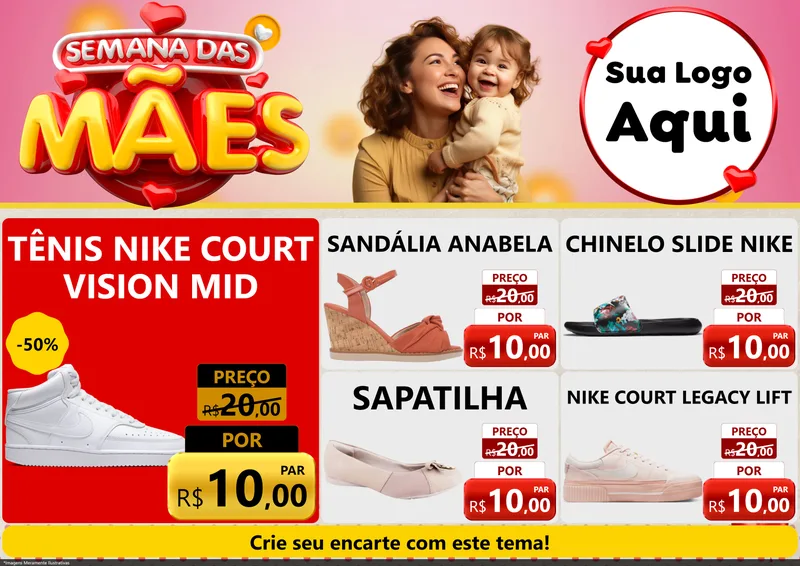 Modelo de Encarte para Encarte A4 Horizontal com o tema Semana das Mães para Calçados