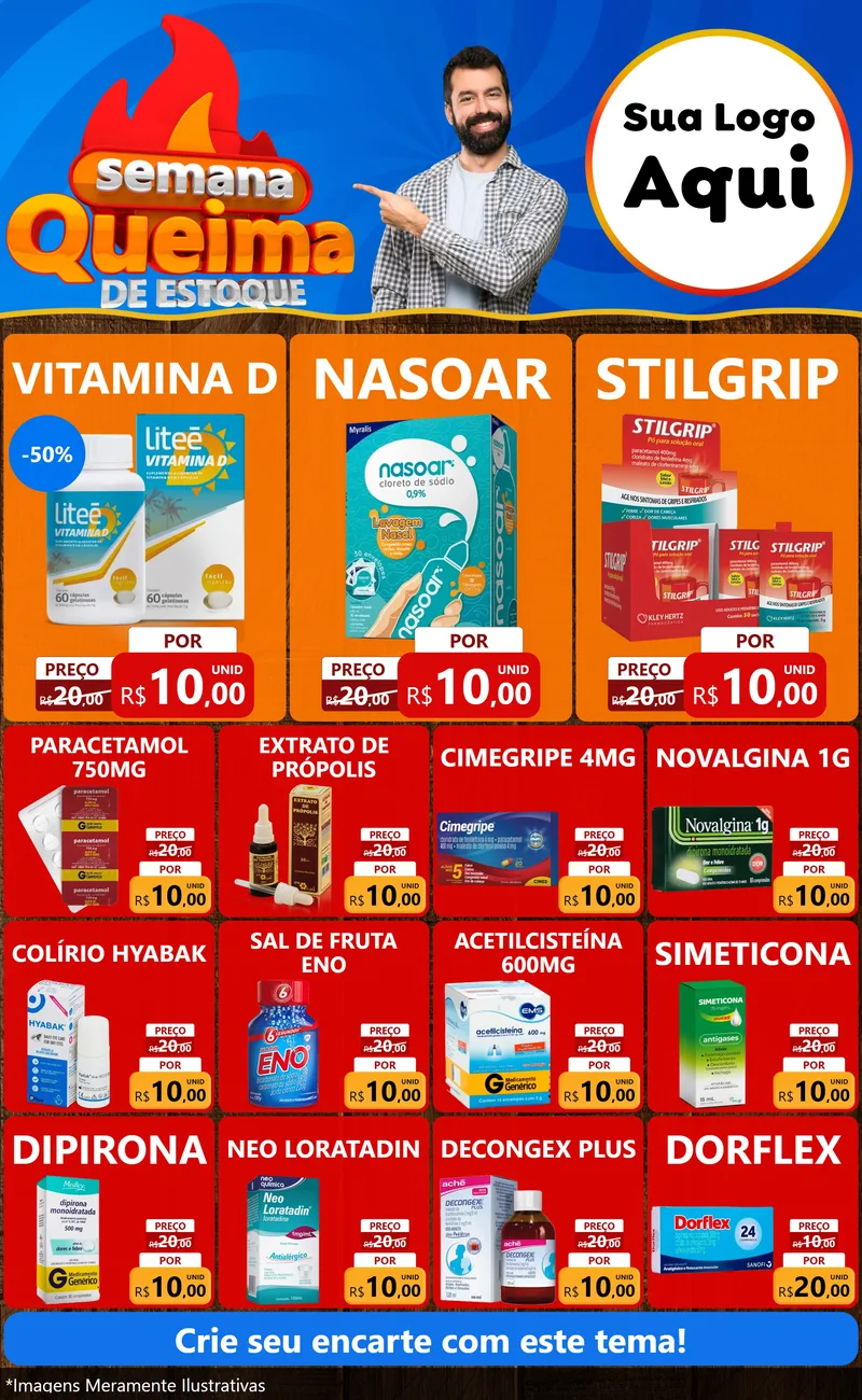 Modelo de Encarte para Encarte Grande com o tema Semana Queima de Estoque para Farmácia