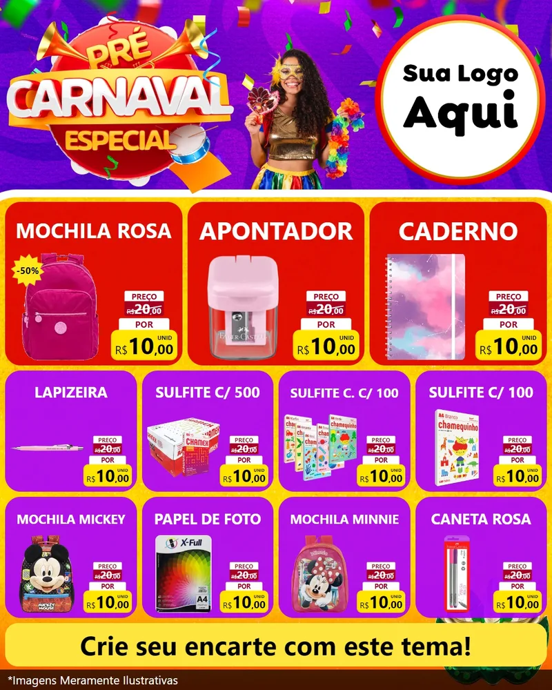 Modelo de Rede Social para Feed Instagram com o tema Pré-Carnaval Especial para Papelaria