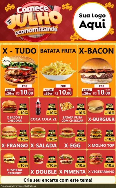Modelo de Encarte para Encarte Grande com o tema Comece Julho Economizando para Hamburgueria
