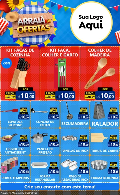 Modelo de Encarte para Encarte Grande com o tema Arraiá de Ofertas para Utilidades Domésticas