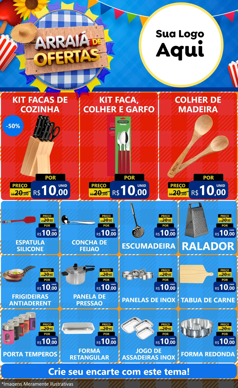 Modelo de Encarte para Encarte Grande com o tema Arraiá de Ofertas para Utilidades Domésticas