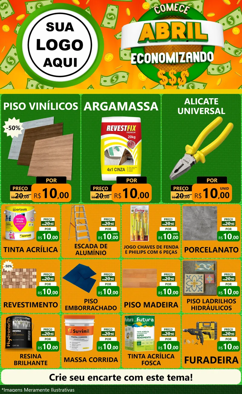 Modelo de Encarte para Encarte Grande com o tema Comece Abril Economizando para Material para Construção