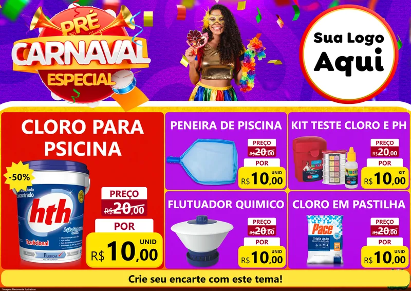 Modelo de Encarte para Encarte A4 Horizontal com o tema Pré-Carnaval Especial para Produtos para Piscina