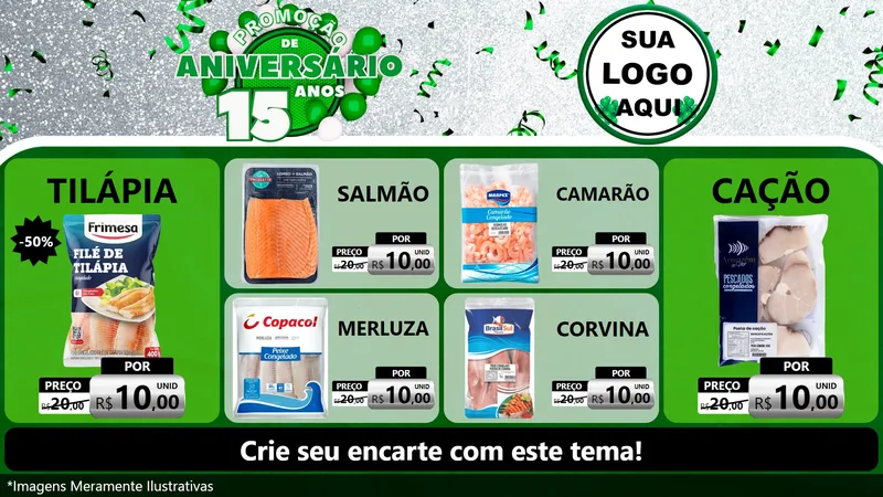 Modelo de TV para TV Horizontal com o tema Promoção de Aniversário - 15 Anos para Peixaria