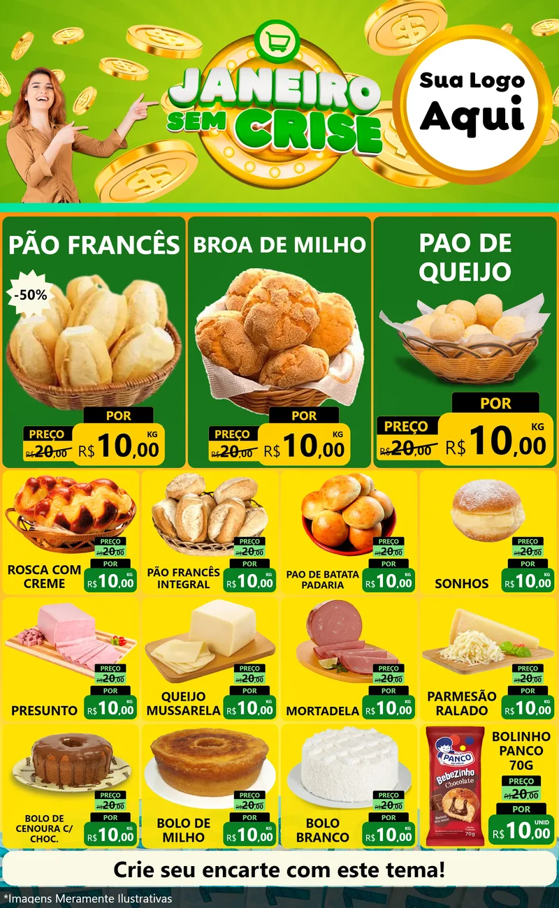 Modelo de Encarte para Encarte Grande com o tema Janeiro Sem Crise para Padaria