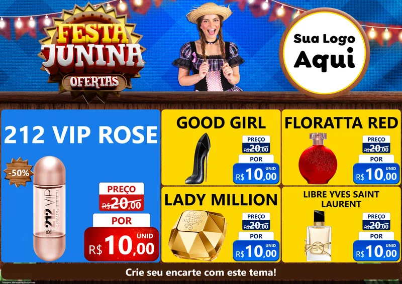 Modelo de Encarte para Encarte A4 Horizontal com o tema Festa Junina Ofertas para Perfumes