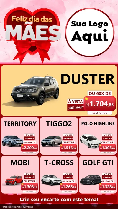 Modelo de Rede Social para Stories com o tema Feliz Dia Das Mães para Concessionaria de Carros