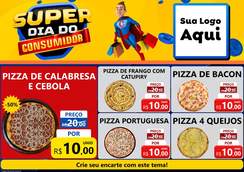 Modelo de Encarte para Encarte A4 Horizontal com o tema Super Dia do Consumidor para Pizzaria