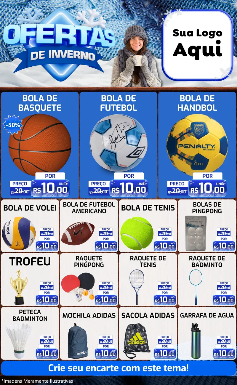 Modelo de Encarte para Encarte Grande com o tema Ofertas de Inverno para Artigos Esportivos