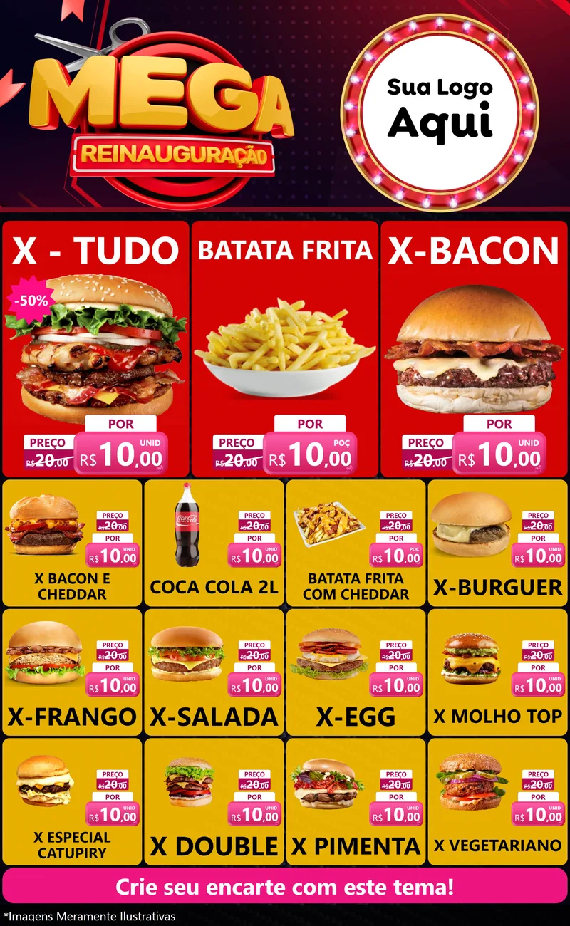 Modelo de Encarte para Encarte Grande com o tema Mega Reinauguração para Hamburgueria